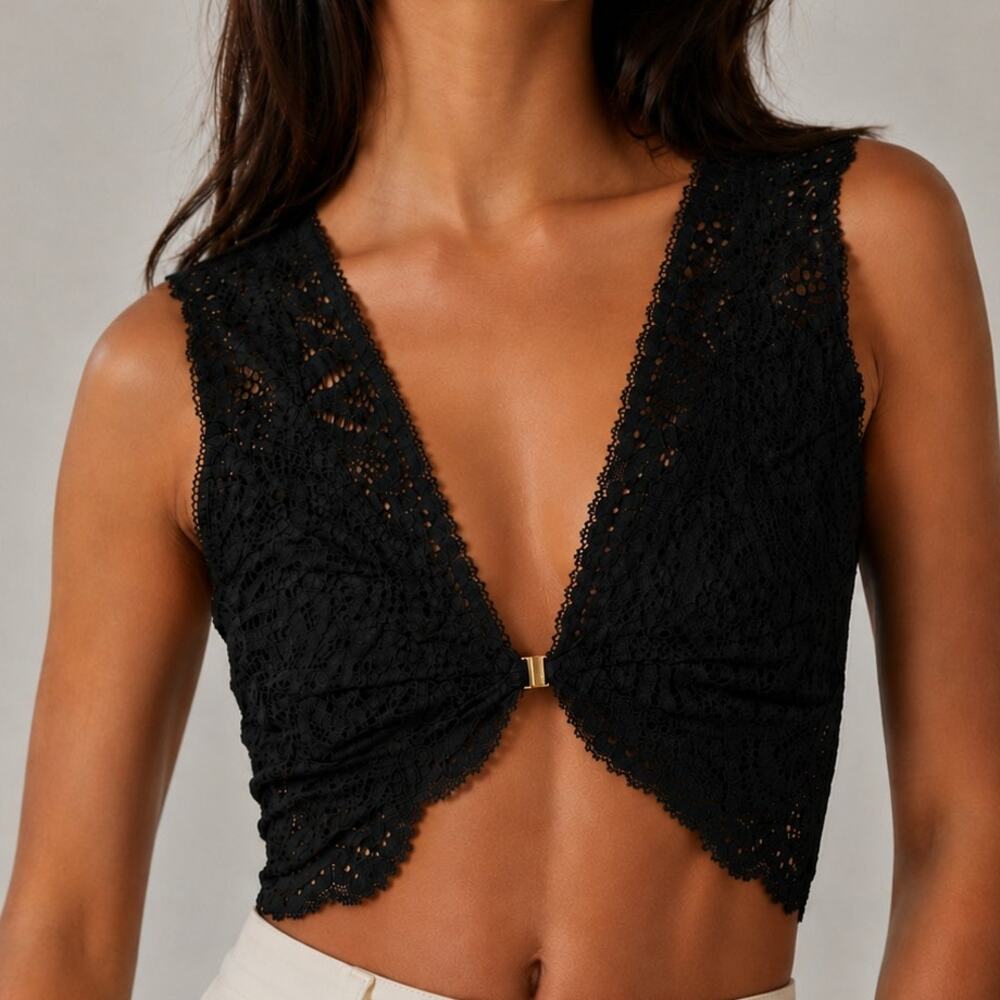 Real Lingerie Unlined Black Lace V-Neck Bralette
